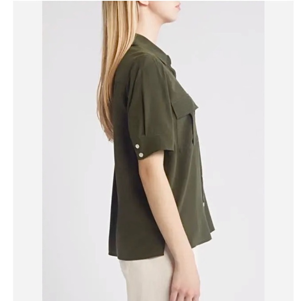 FRAME Silk Short Sleeve Flap Pocket Button Up Shirt Blouse Military Green LG - Picture 2 of 16